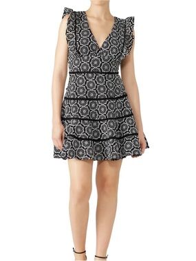 Bardot Black & White Floral V-Neck Ruffle Mini Dress size 4